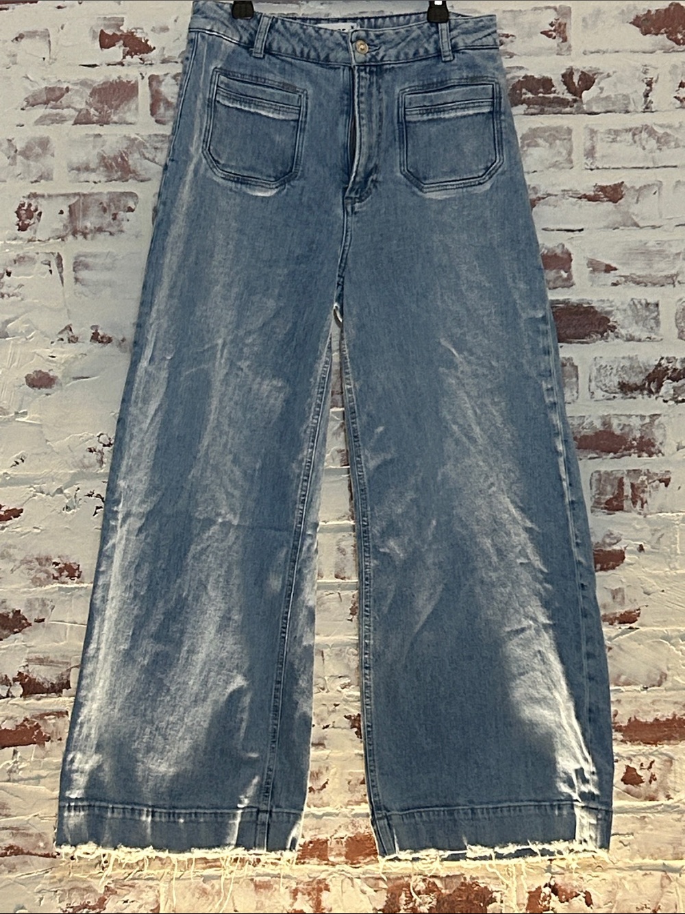 PAIGE Wide-Leg Distressed Light Blue Denim Jeans